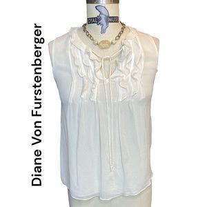 Diane Von Furstenberg 100% Silk Sleeveless “Kolby” Tank Blouse White Ruffles Tie